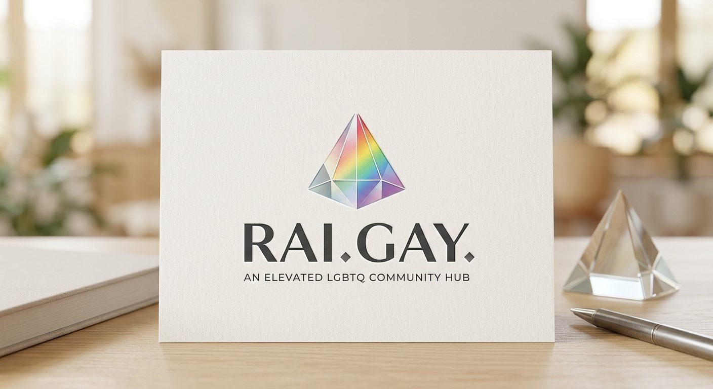 RAI.GAY concept: crystal prism with spectrum refraction on embossed card